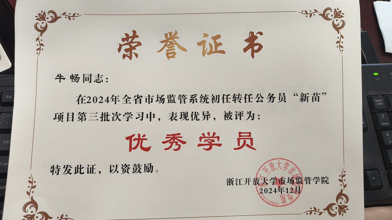 新苗项目优秀学员证书